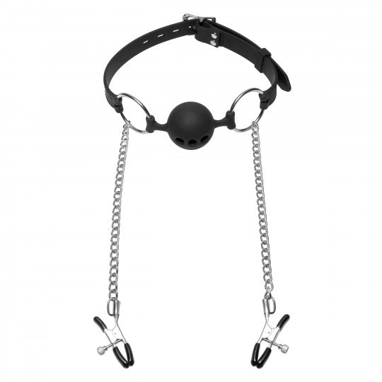 Hinder Breathable Silicone Ball Gag with Nipple Clamps