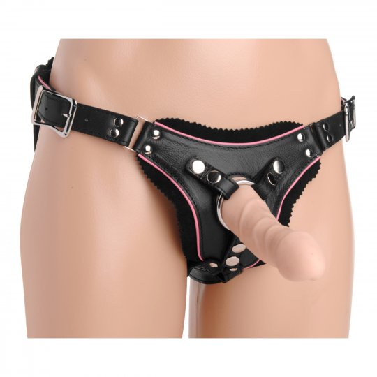 Low Rise Leather Strap On Dildo Harness with Pink Accents